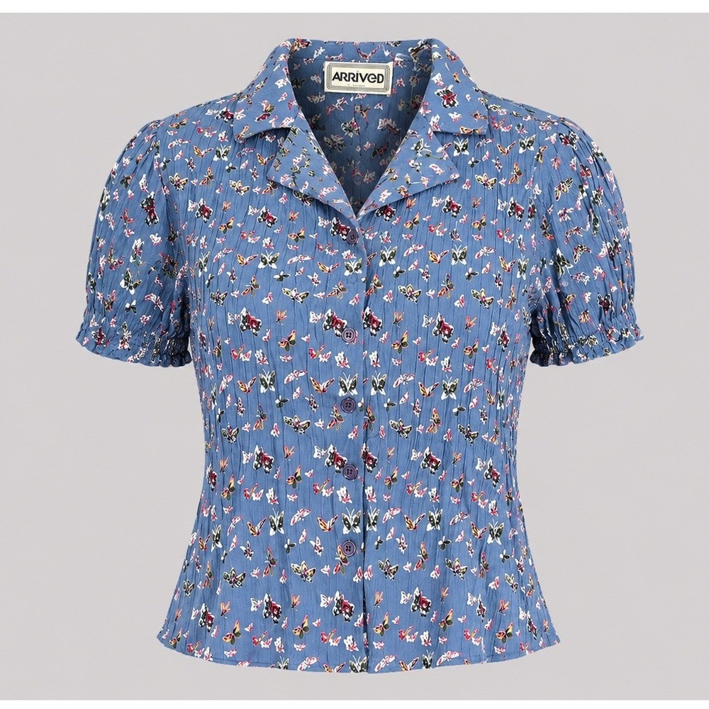 Arrived Vintage 90s Butterfly Print Pleated Blouse Blue Rayon Puff Sleeve Medium